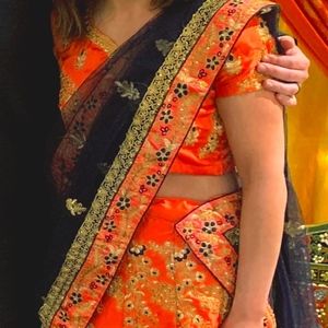 Embroidered Satin Lehenga in Orange